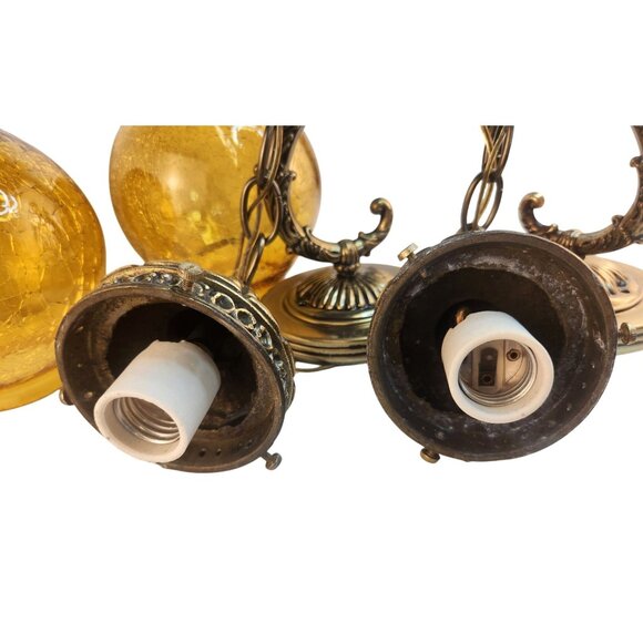 Brass & Amber Crackle Glass Vintage Wall Sconce Lighting Pair With Ornate Detail - Picture 7 of 16